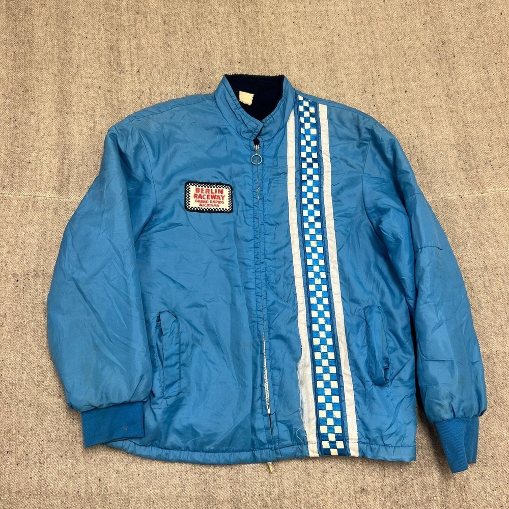 Vintage Berlin Raceway Jacket Mens Large Blue 1980s Michigan